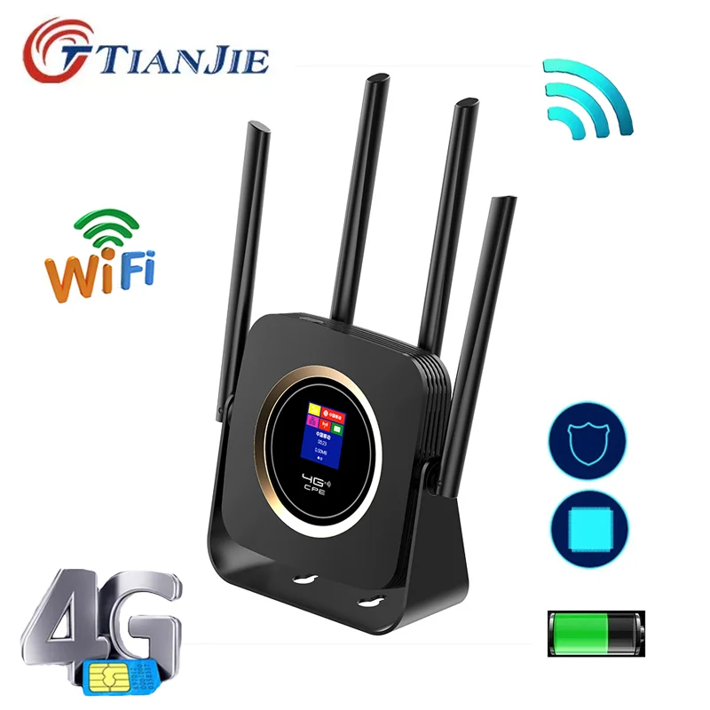 TIANJIE 4G Wifi Router Sim Card Unlocked Wireless Modem CPE LTE 4 Antenna Mobile Hotspot Broadband Adapter with 3000mAh Battery