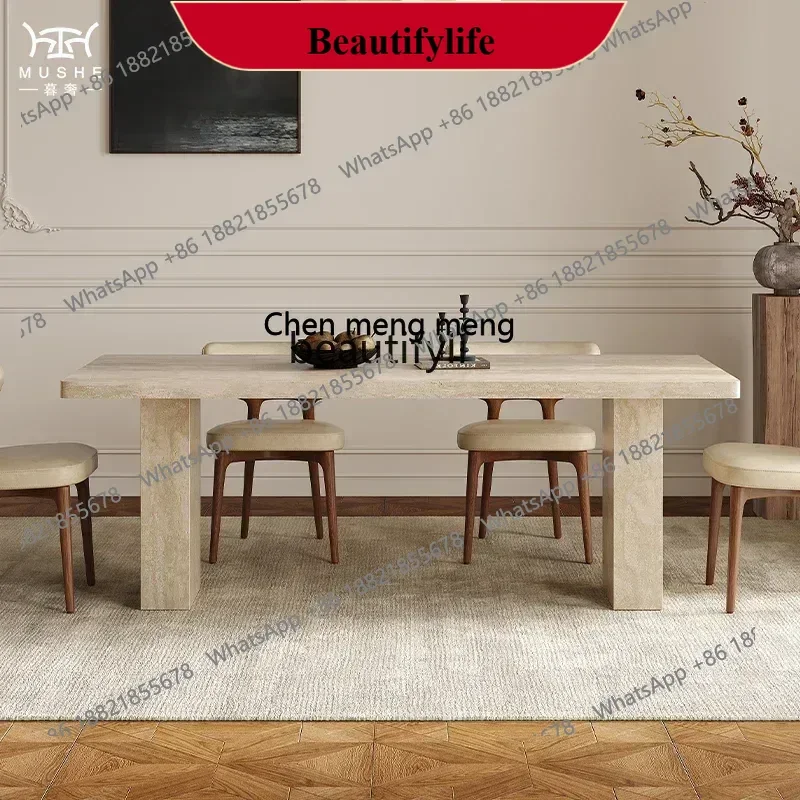 z183 YH55  French retro travertine rock slab dining table and chair combination modern home designer dining table
