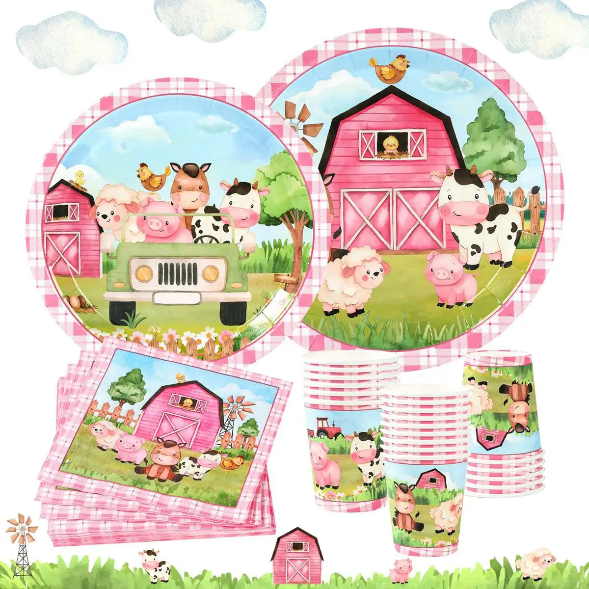 Pink Farm Party Birthday Decorations Disposable Tableware Paper Plates Cups Napkin Baby Shower Kids Girls Birthday Party Decor