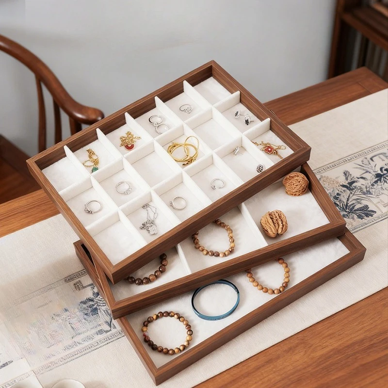 

Поднос для украшений из орехового дерева с внутренним покрытием из велюра Sufiber, поднос для хранения и демонстрации ожерелий, колец, подвесок и браслетов