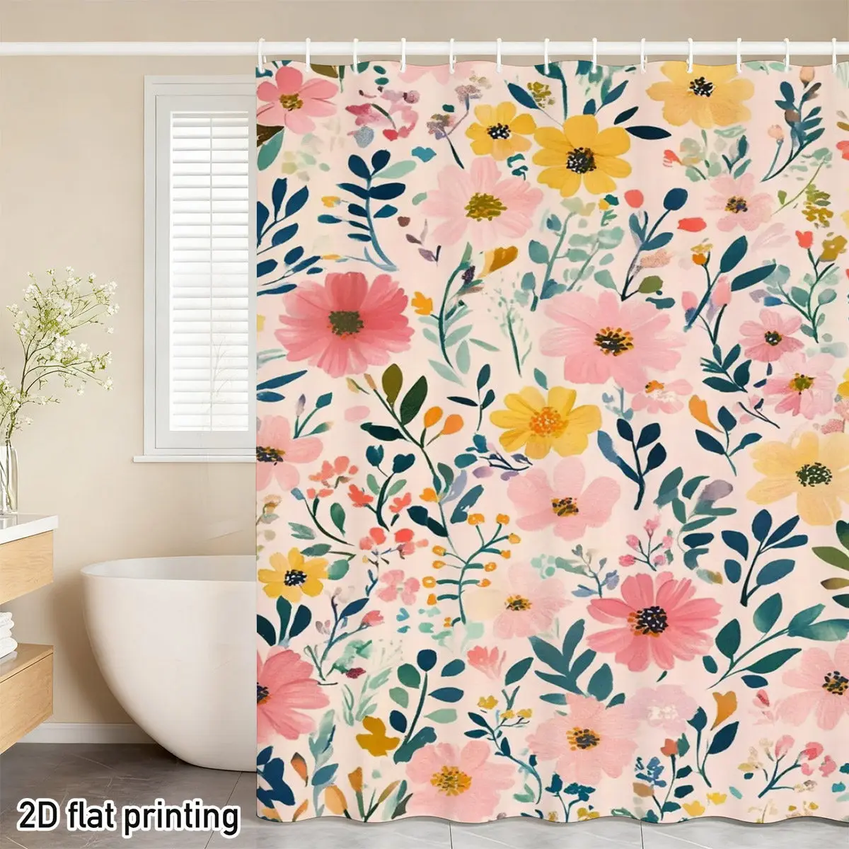 

Акварельная занавеска для душа с цветочным принтом, 1 шт., с 12 крючками, для ванной комнаты, домашнего декора, полиэстер, 2D плоская печать, 70.8x70.8 дюймов