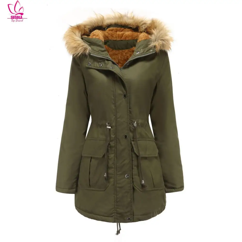 

SUSOLA European Velvet Cotton Coat with Hood and Faux Fur Collar Winter Warm Outerwear Plus Size Women's Cotton-Padded Jacket