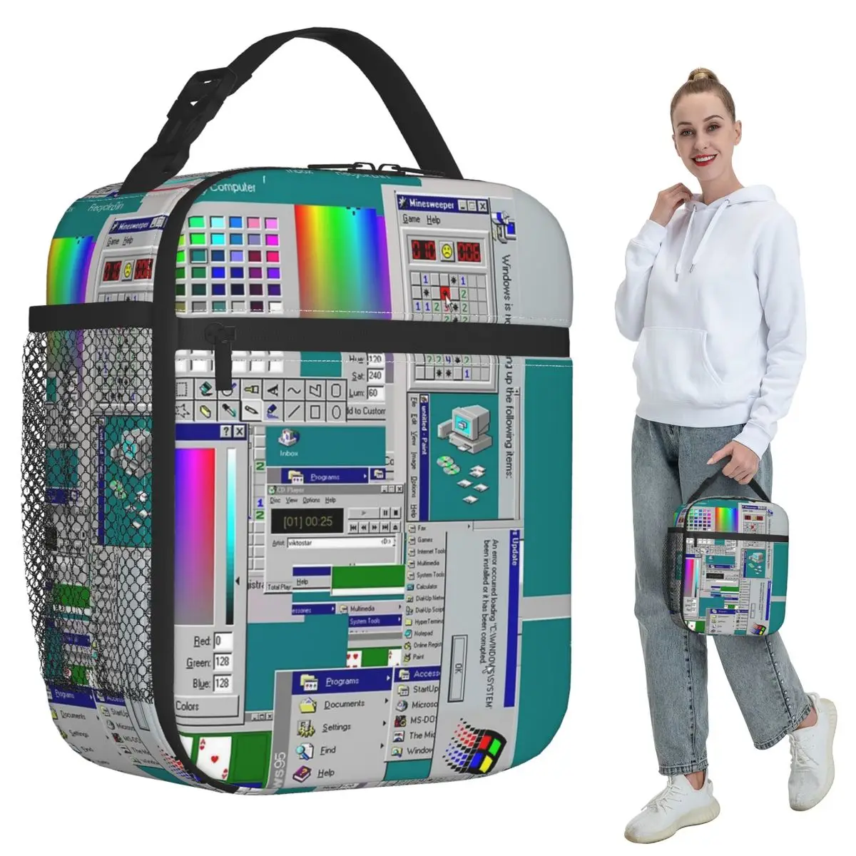 

Изолированная сумка для обеда с коллажем Windows 95, школьный холодильник, термокоробка для еды, портативная сумка для обеда, контейнер