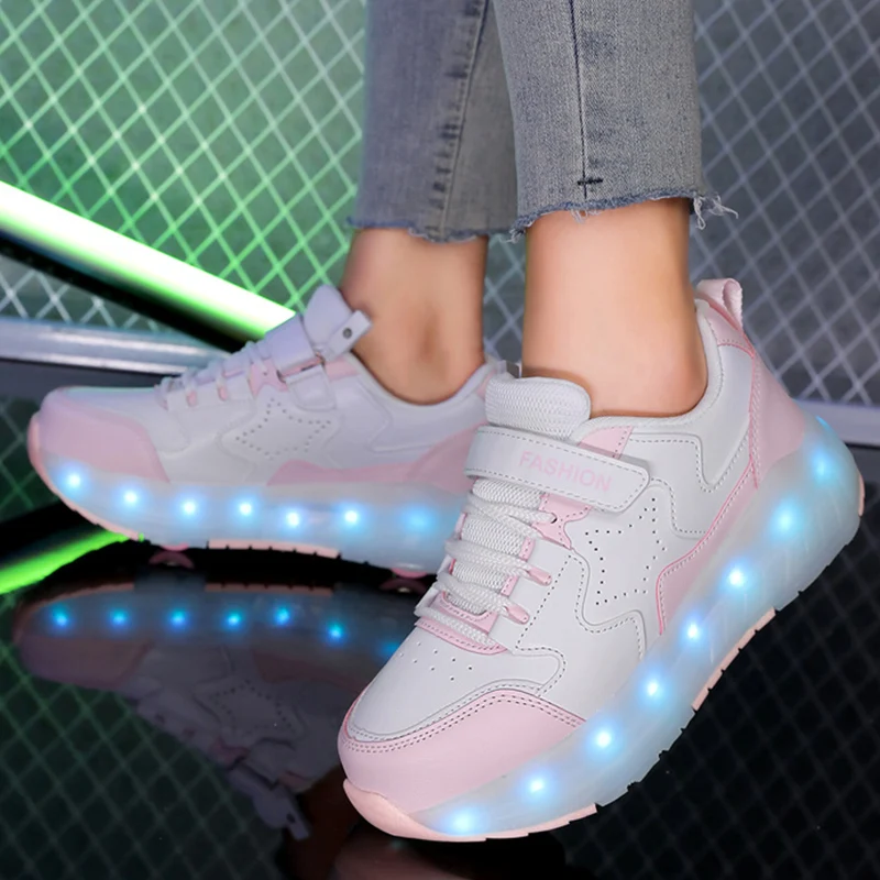 

Children's Casual Shoes with LED Lights for Charging and Night Light Anti Slip Four-wheel Roller Skating Leisure Shoes for Kids