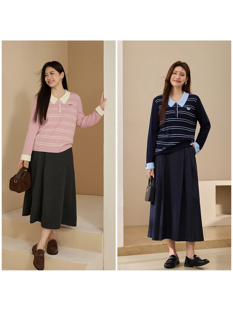 Pull en maille color block coréen style universitaire grande taille pour femme, nouvelle collection printemps, coupe ajustée, manches longues, col rond