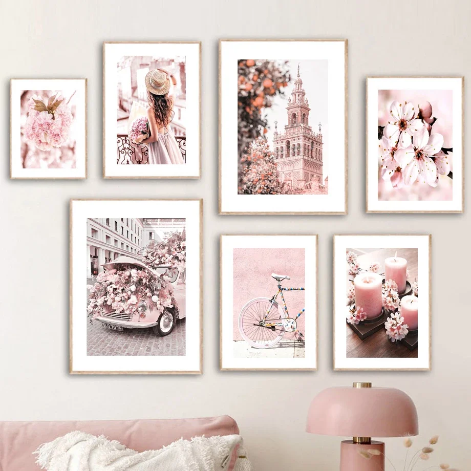 

Nordic Posters Prints Seville Church Girl Flowers Pink Car Old Paris Perfume Art Canvas Painting Wall Pictures Living Room Decor
