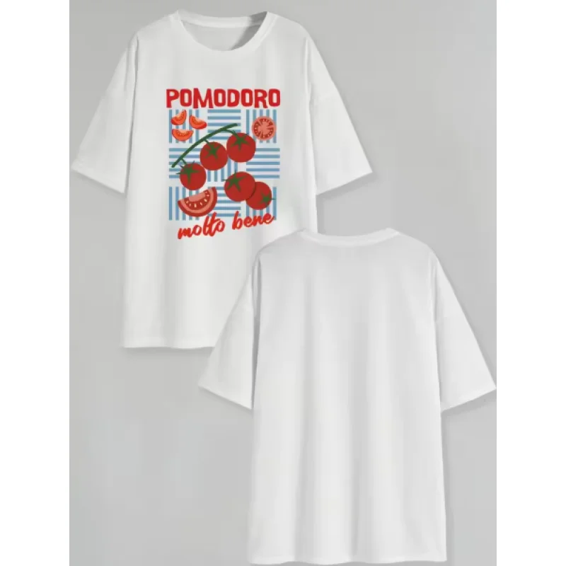 ¡Novedades 2025! Camiseta de verano para mujer con estampado de letras de tomate, camiseta blanca informal con cuello redondo, camiseta con patrón de cuatro estaciones