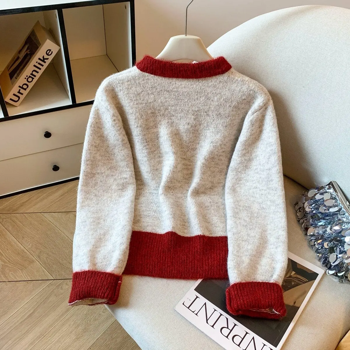 Maglione da donna Maglione lavorato a maglia color block Autunno Inverno Fiocco con bottoni decorativi Pullover girocollo Dolce top corto in maglia