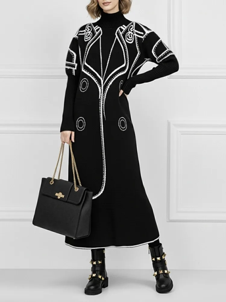 UOOZEE Women's Fashion Black White Contrast Color High Neck Sweater Dresses Long Sleeves Oversized Evening Midi Dress 2026 New