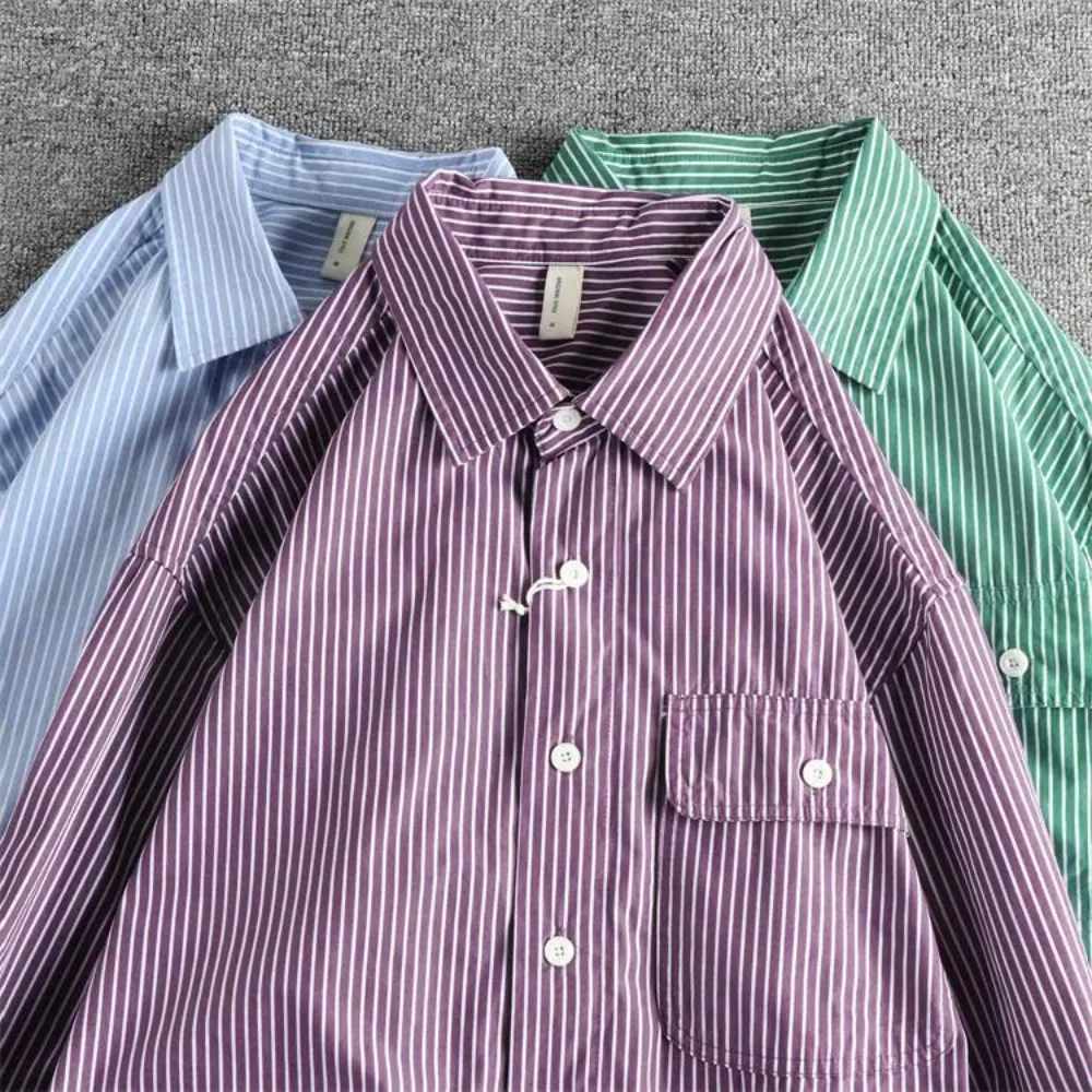 

Освежающая мятная ткань силуэт свободная рубашка в тонкую полоску с длинным рукавом мужская рубашка куртка ретро мода