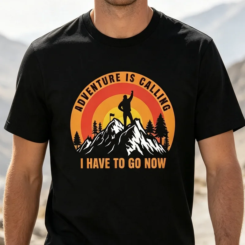 Adventure Is Calling Hiking Mountain Sunset Camping Nature Vintage T Shirt Graphic Tee Casual Streetwear for Men Women Fashion