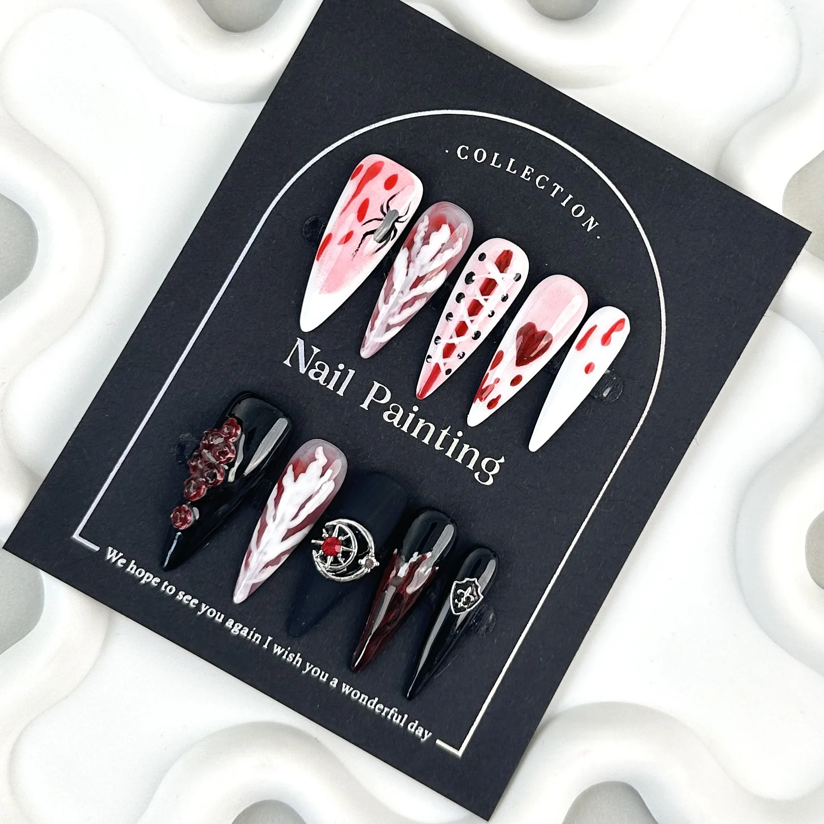 

10pcs Handmade Press on Nails Gothic Dark Halloween Fake Nails Wearable European Sweet Cool Spice Girls Long Almond False Nails