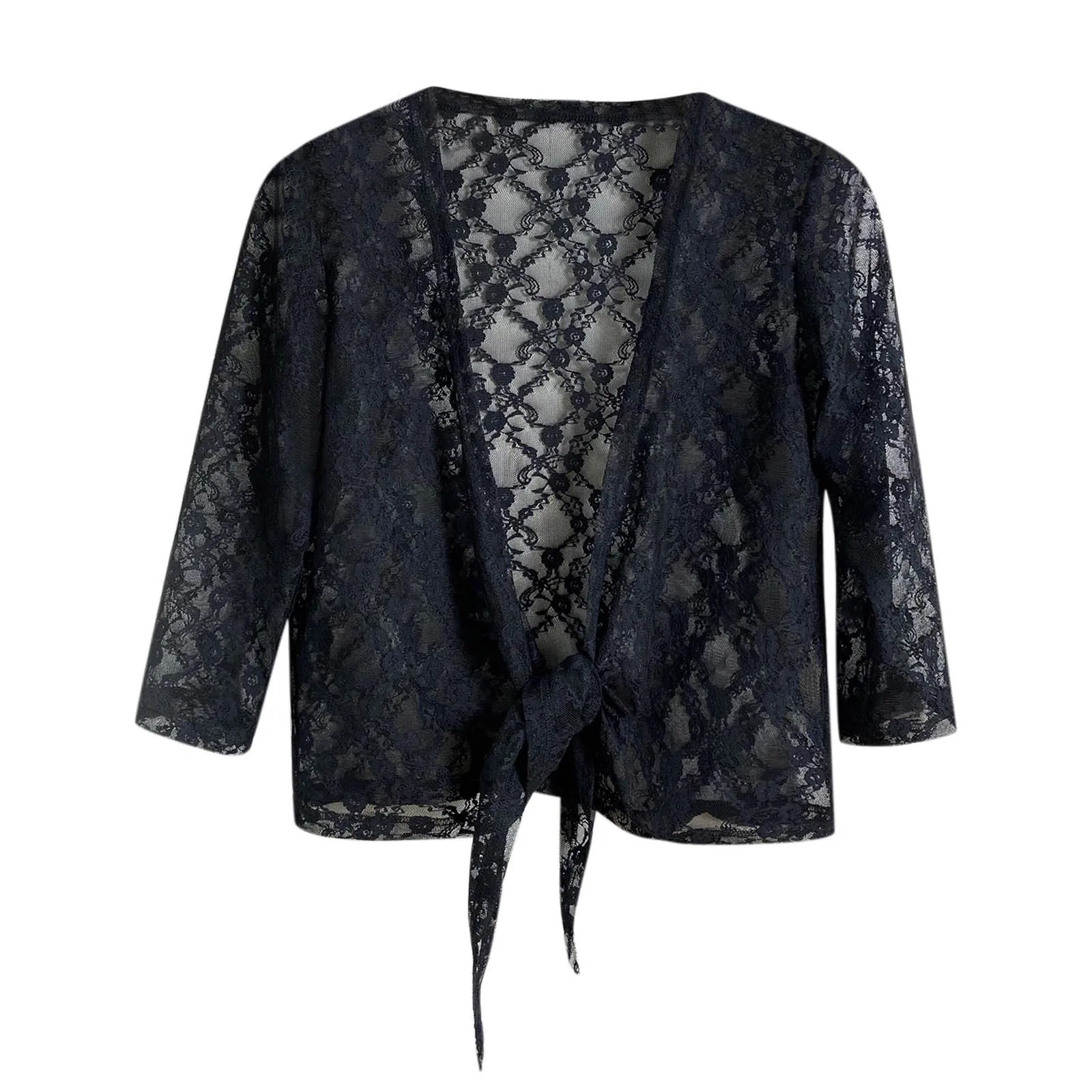 Women\'s Short Sleeve Sheer Lace Lightweight Cardigan Short Shawl Tops Mesh Lace Vintage Lace Up Crop Tops Streetwear Cardigans