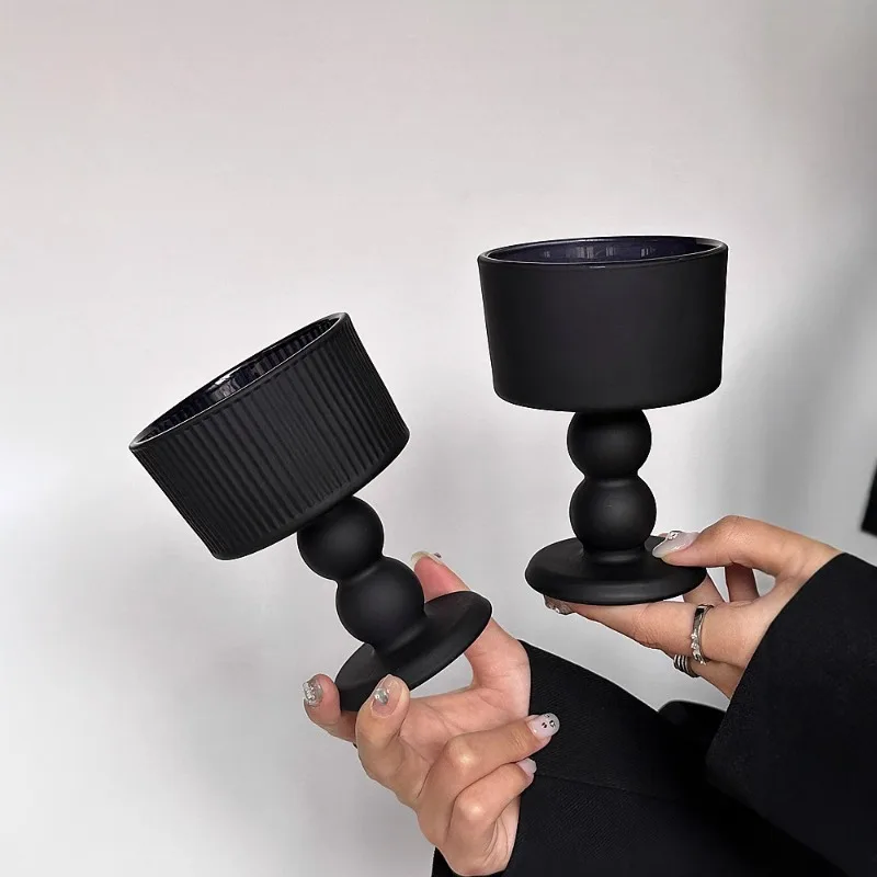 

Retro Wabi Sabi Black Matte Glass French Vintage High Footed Cups with Ins Style Luxury Desk Lamp Styling Candlestick Ornament