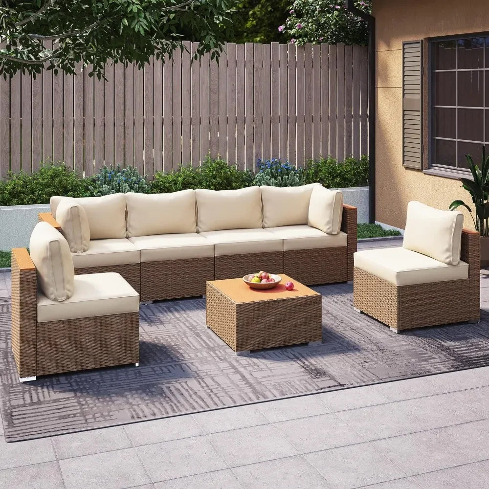 

Outdoor Sofa Sets, with Thick Cushions Wood-Like Coffee Table for Garden, 7 Piece All Weather Wicker Sofas Sets