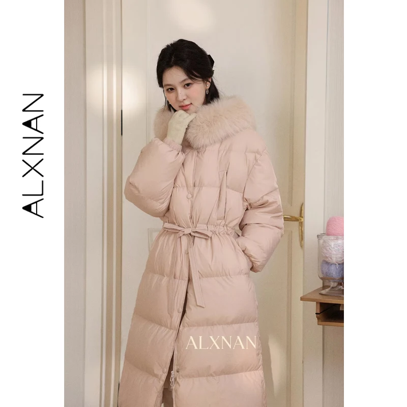 

ALXNAN Pink Women Winter Down Jacket 2026 Natural Fur Hooded Long Thick Warm Down Coats Fashion Elegant Parka Coat Female L59131