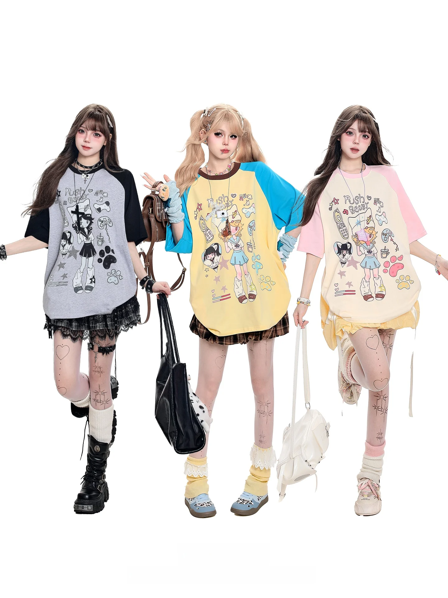 

American Cartoon Girl Print f Sve round Ne ort T-irt Women Summer Loose Casual Slim Fit Cotton Top