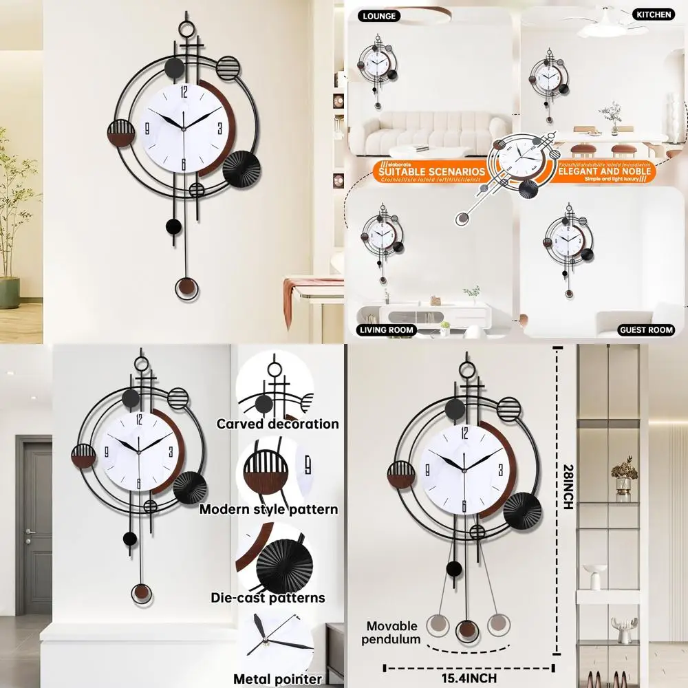 

Silent Quartz Battery-Powered Pendulum Wall Clock, 15.4x28, Large Round Analog for Home Decor, Black