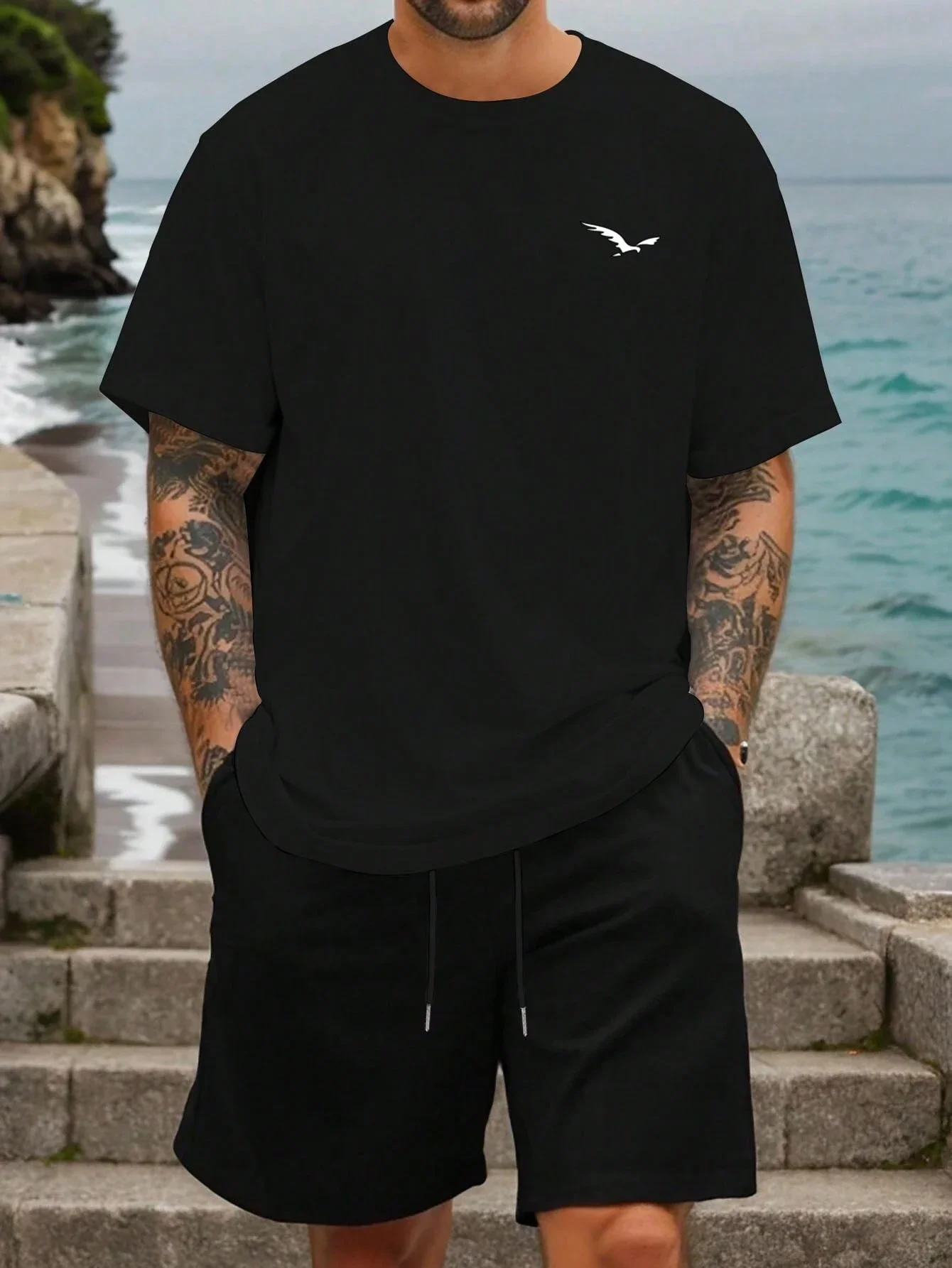 

Plus Size Men 2 Piece Set: Round Neck Short Sleeve T-Shirt and Athletic Shorts, Minimalist Print Casual Outfit