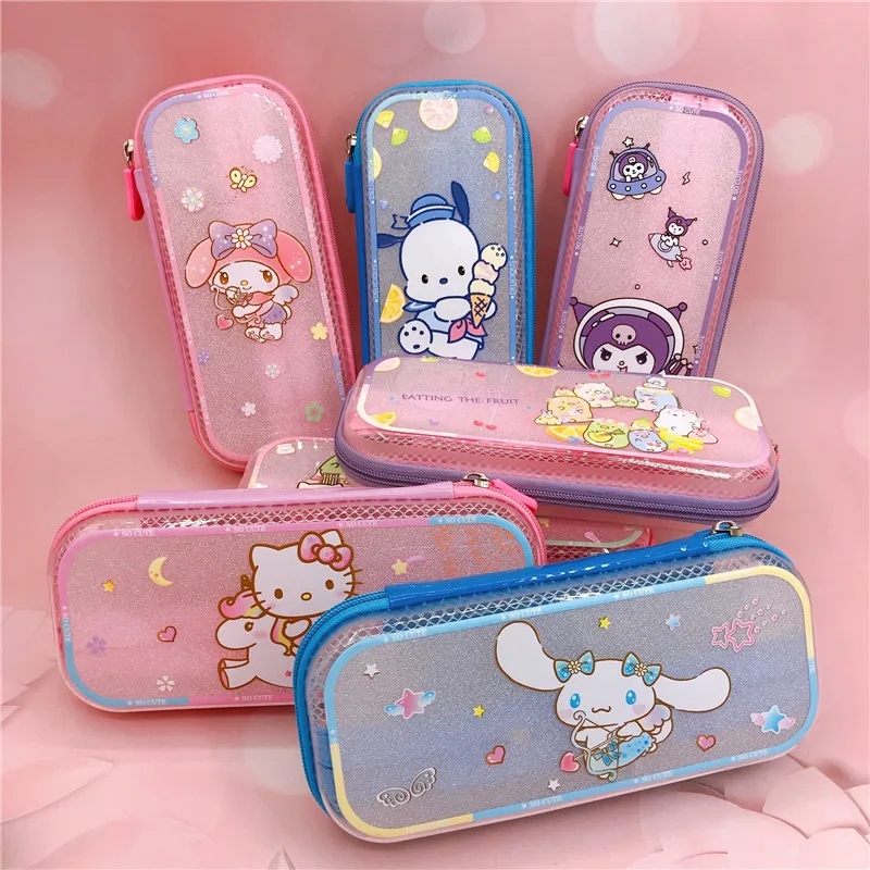 Sanrio Melody Hellokitty Animation Cartoon Cute Pvc Zipper Pencil Case Student Transparent Multi-Functional Color Pen Bag Gifts