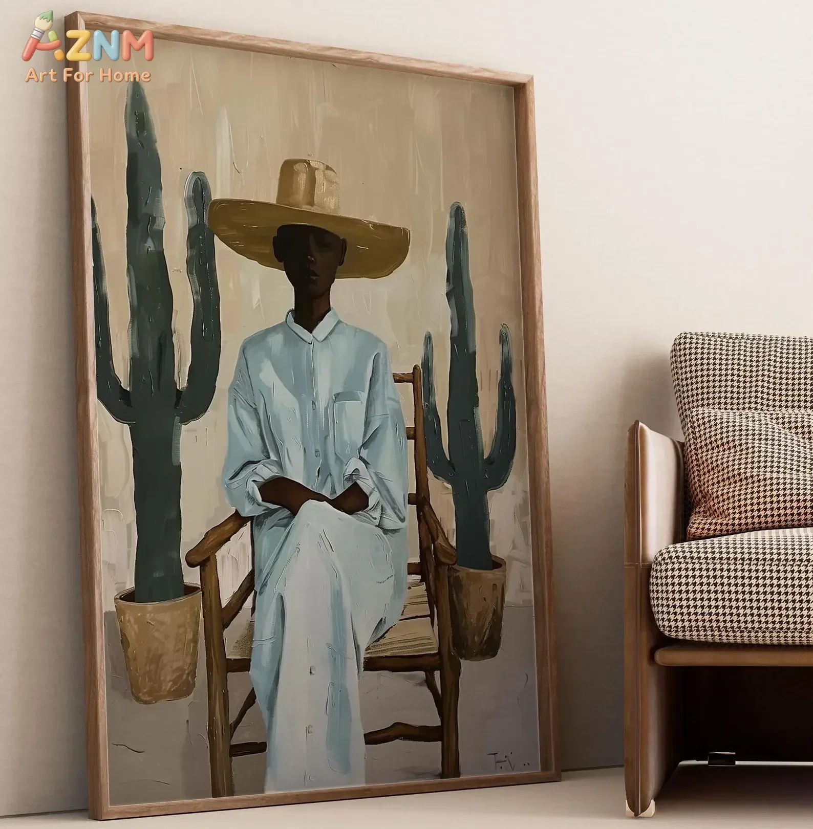 AZNM African Woman With Hat Canvas Wall Art Cactus Boho Figure Oil Painting Print Unframed Canvas Painting Neutral Home Decor