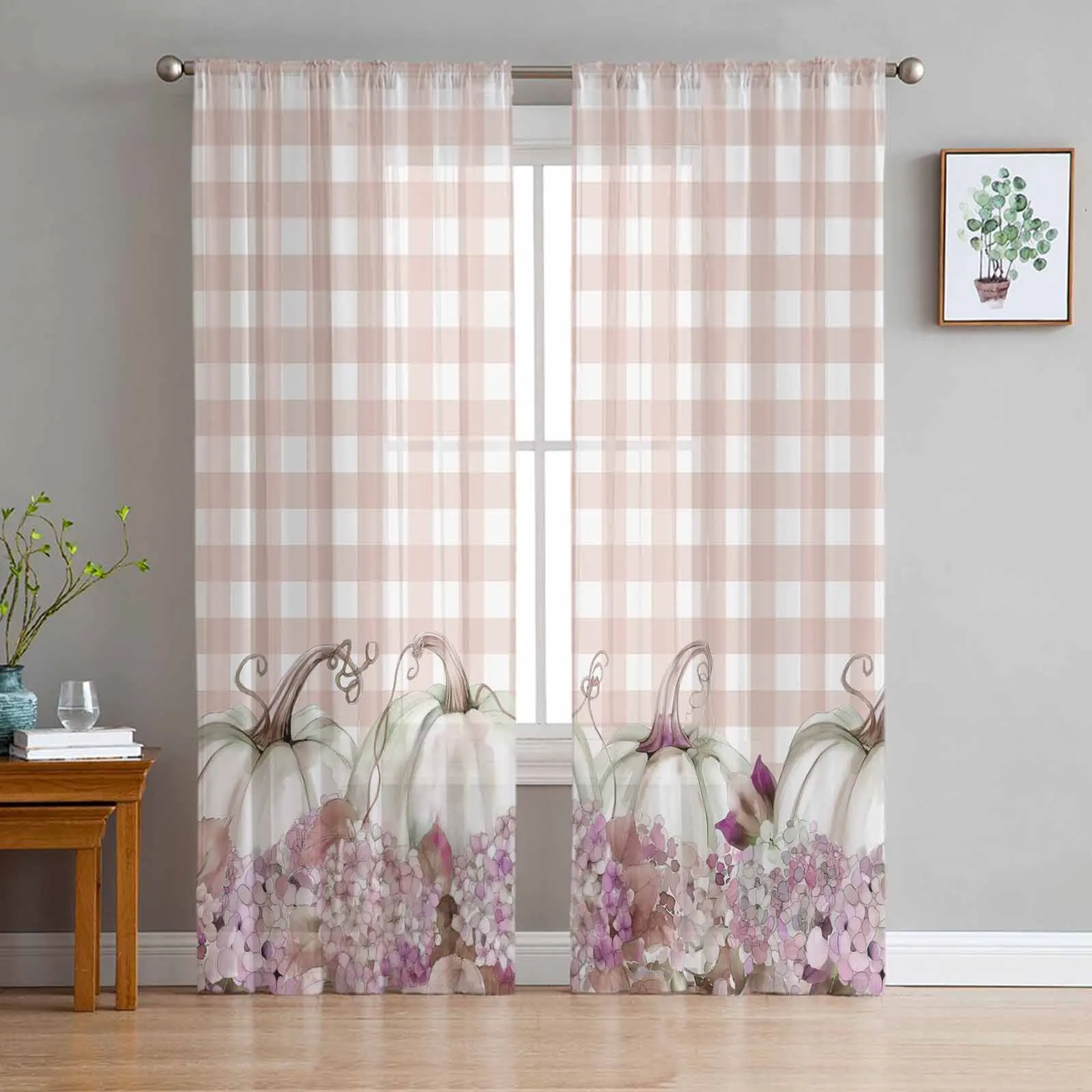 Thanksgiving Pumpkin Watercolor Hydrangea Sheer Curtains for Living Room Bedroom Window Treatment Kitchen Chiffon Curtain