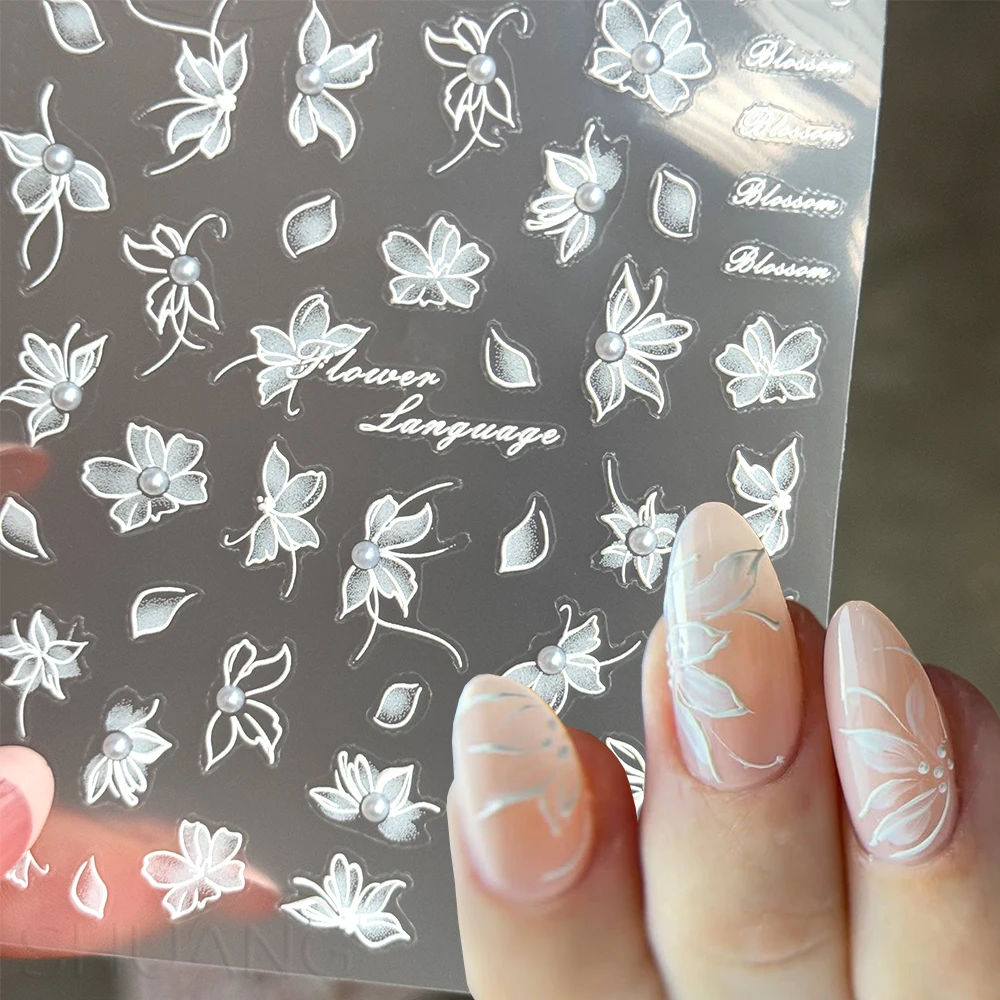 

1Pcs 5D Exquisite White Camellia Flower Nail Art Sticker with 3D Pearl Kawaii Flower Nail Decoration Decals Magnolia Nail Floral
