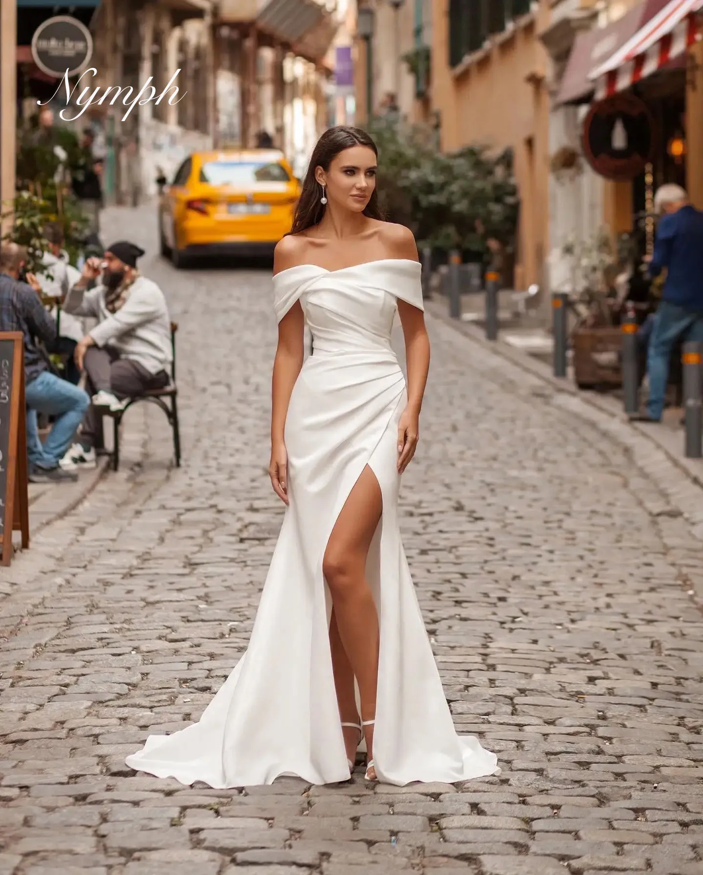 

Off The Shoulder Satin Mermaid Wedding Dresses Side Slit Detachable Train Formal Bridal Grown 2025Customized Rode De Mariée