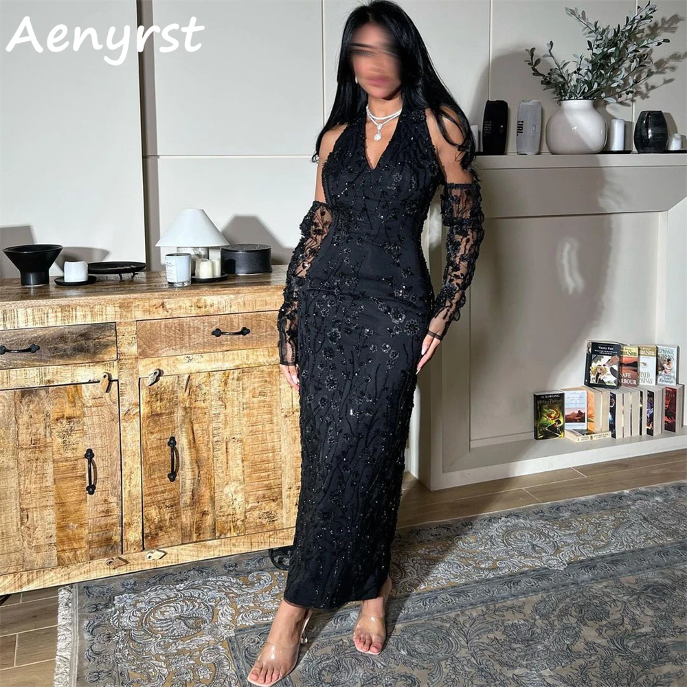 

Женское вечернее платье-Русалка Aenyrst, черное платье до щиколотки с V-образным вырезом и лямкой на шее, в стиле Саудовской Аравии