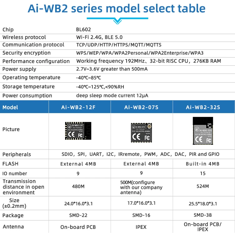 Ai-WB2 Ai-WB2-12F WiFi+BLE two in one module compatible package ESP-12F ESP8266 ESP32-C3 Ai-WB2-12F 01M 13U 32S 07S MI MI-U 01S