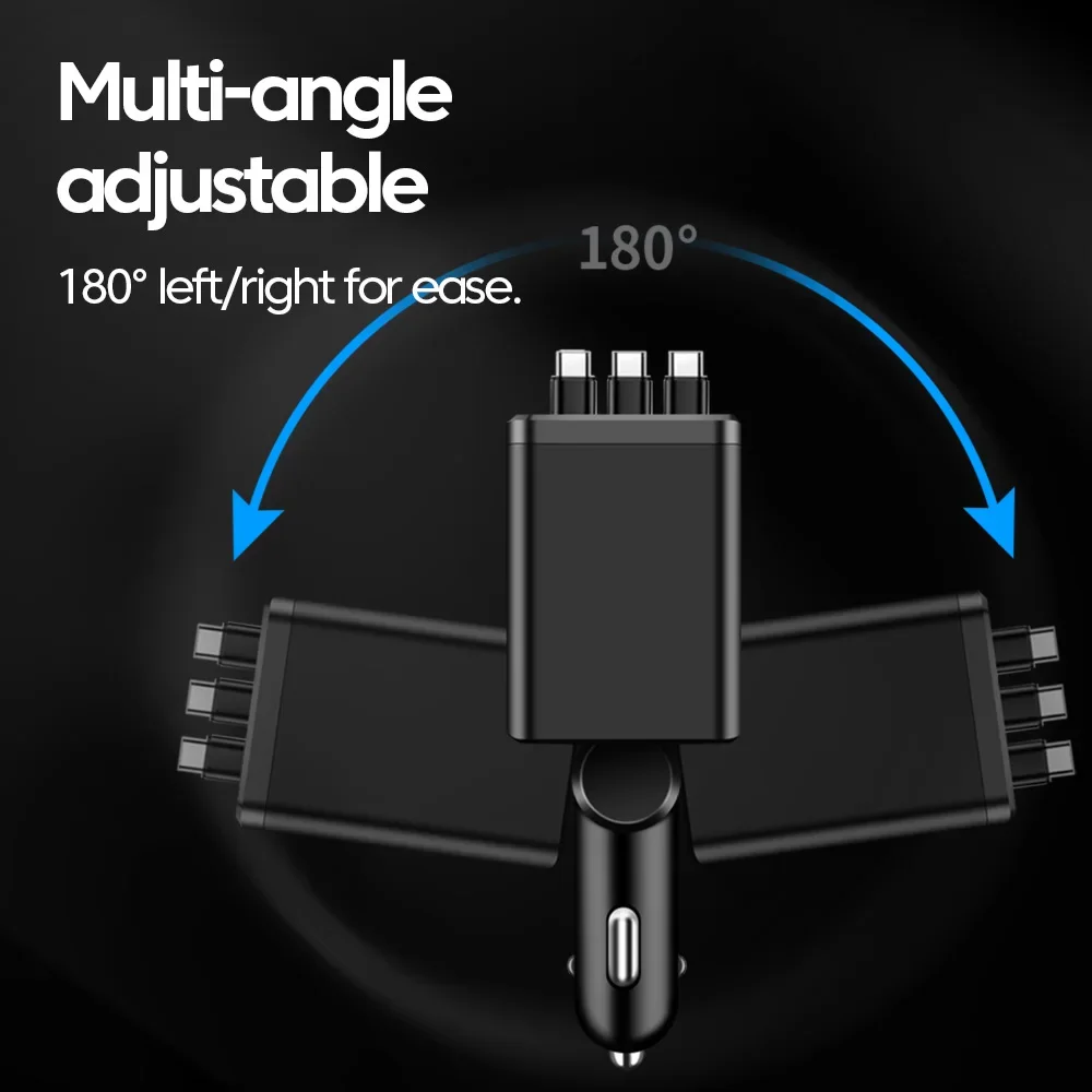 شاحن سيارة 7 في 1 قابل للسحب، شحن سريع، محول طاقة USB من النوع C مع كابل LED قابل للسحب لهاتف iPhone Xiaomi