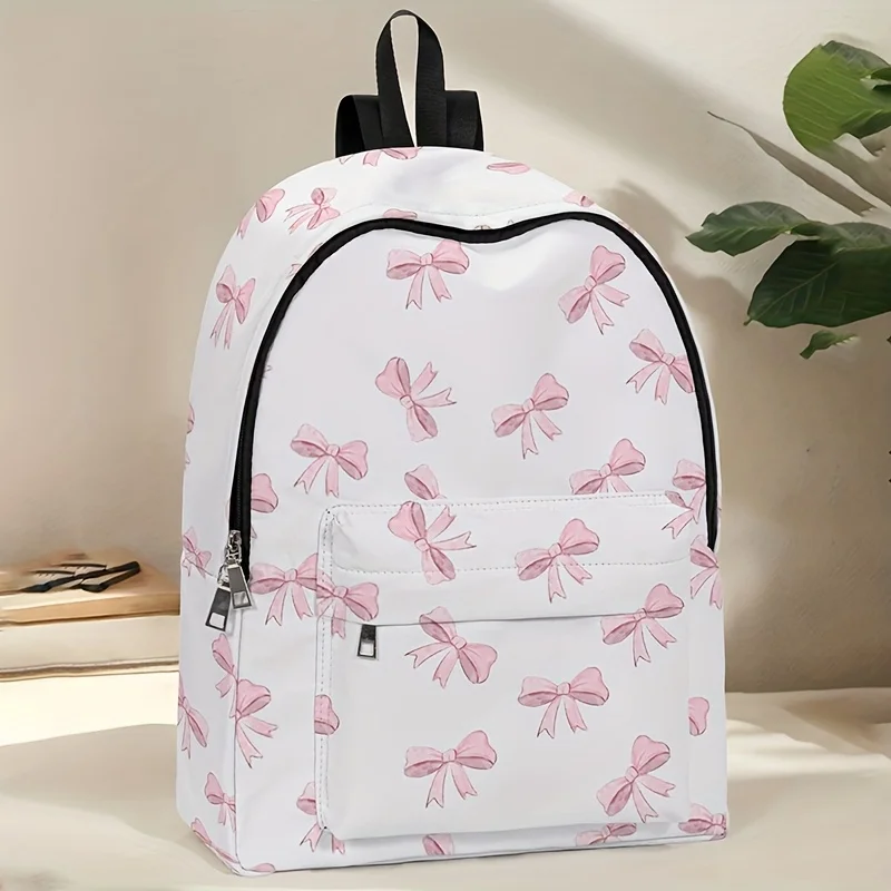 Pink Bow Print Backpack Suitable for Men Women Durable Foldable School Travel Backpack with Bow Accent Neutral Style