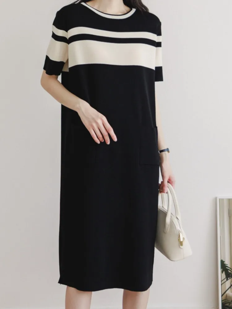 فستان نسائي صيفي مخطط بتصميم كلاسيكي جديد أنيق على الطراز الكوري مستقيم للشاطئ فضفاض متوسط الطول فساتين للسيدات غير رسمية #6