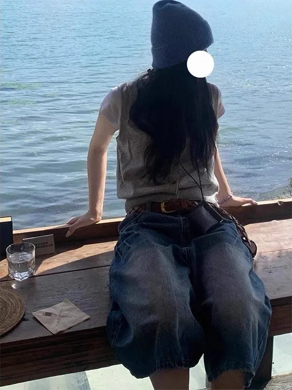 

Retro Distred Denim Wide Leg Straight Cut Seven Inch Pants Women's Summer New Loose Fit Casual High Waist Jeans