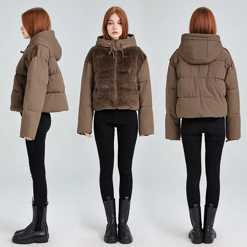 

American Plush Patchwork Cropped Parkas Coat Winter Y2K Solid Color Hooded Quilted Jacket Women Chic Street Zip Up Cotton Coat