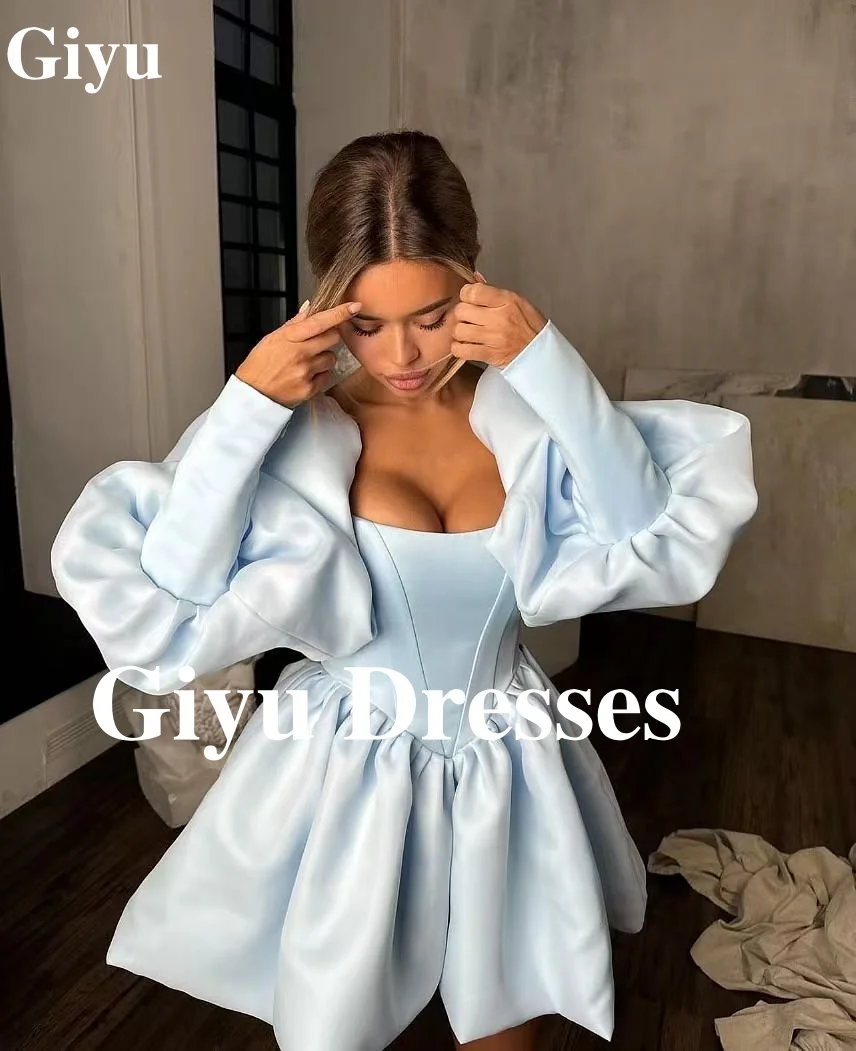 Giyu-Mini robe de soirée en satin avec fermeture éclair pour femme, manches longues, bouffantes, plissée, personnalisée, européenne et américaine