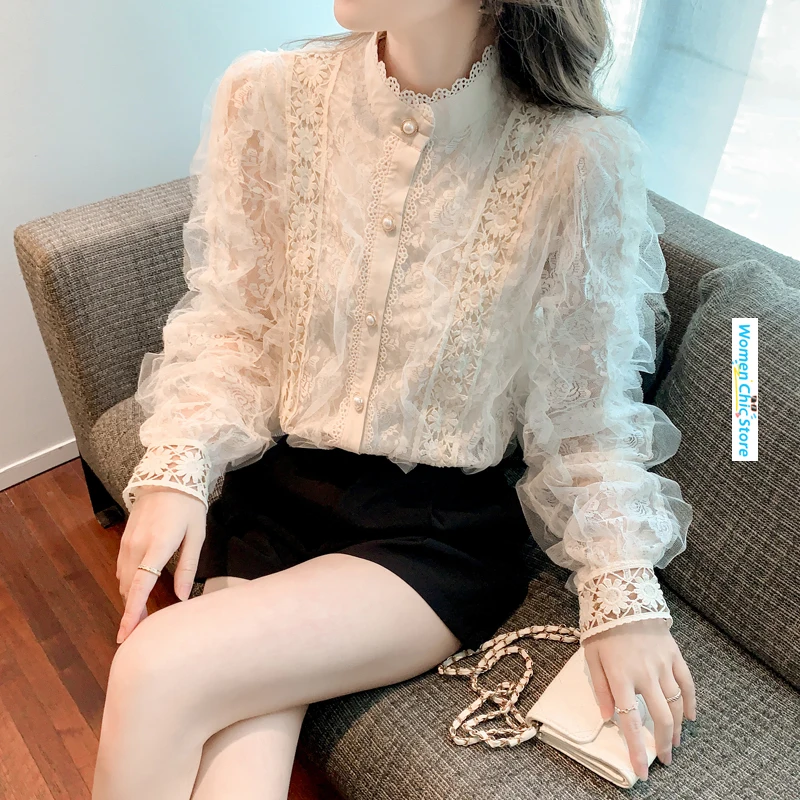 

French Style Puff Long Sleeve Stand Collar Lace Shirt Women Tops Spring Autumn Elegant Sweet Loose Casual Blouse Camisas 6374