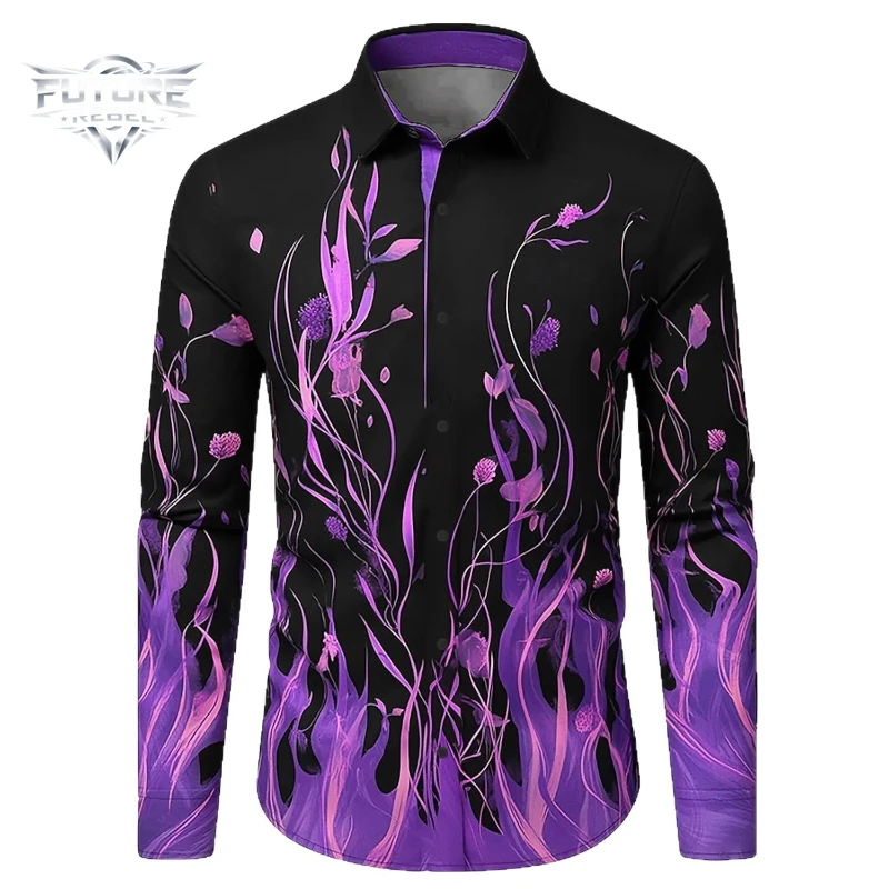 Hip Hop Flame Trendy Streetwear Shirt Men Long Sleeve Turn Down Collar Casual Fashion Comfortable Breathable Loose Fit Tops New