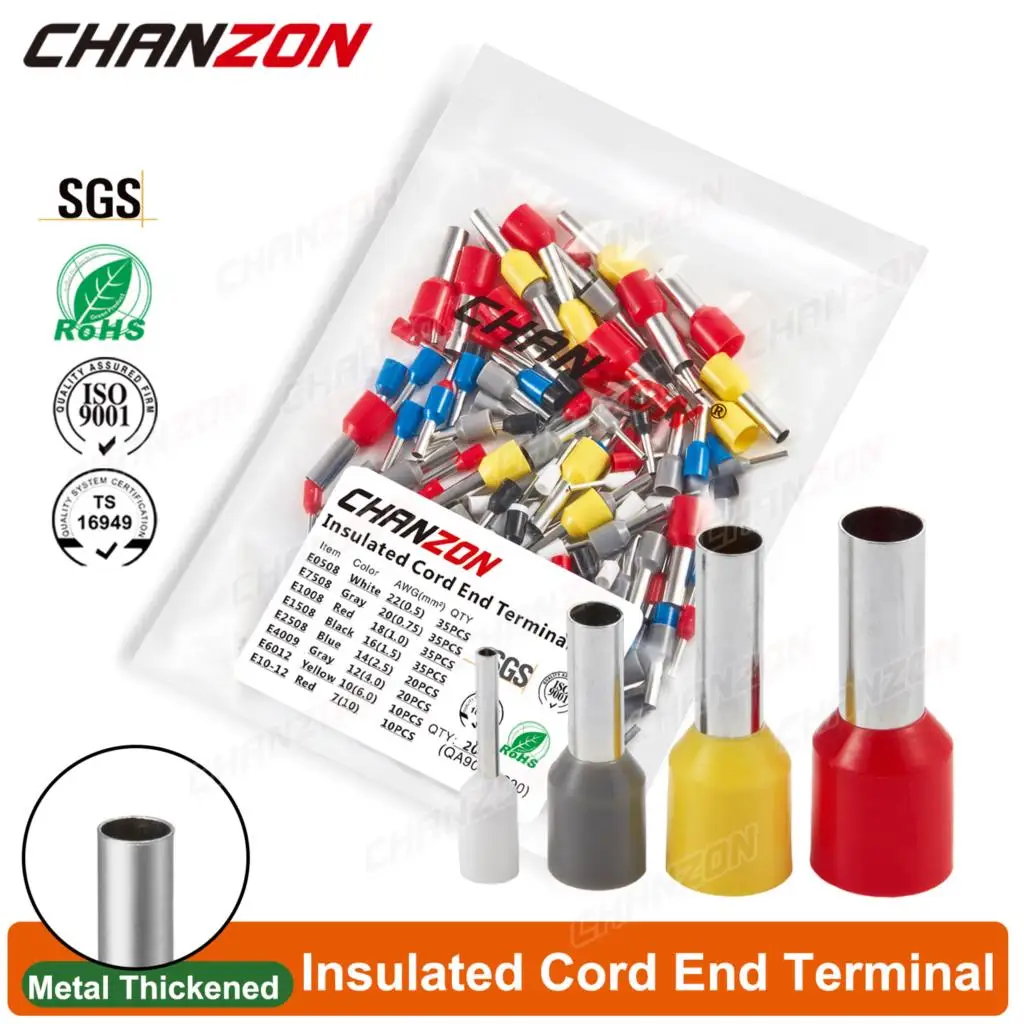 

200PCS E0508 E7508 E1008 E1508 E2508 Insulated Ferrule Terminals Kit Electrical Pin Cord Cable Wire Ends Tube Crimp Connectors