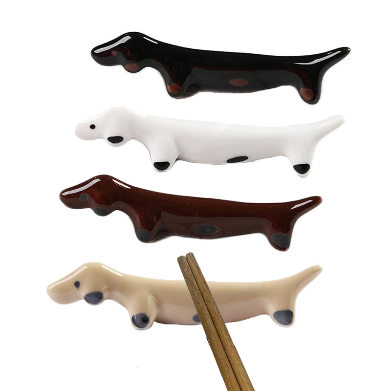 4pcs Folks Holder Set Ceramic Dog Design Kitchen Gadget Alloy Material Chopsticks Holder Tableware Rest Dinner Decoration