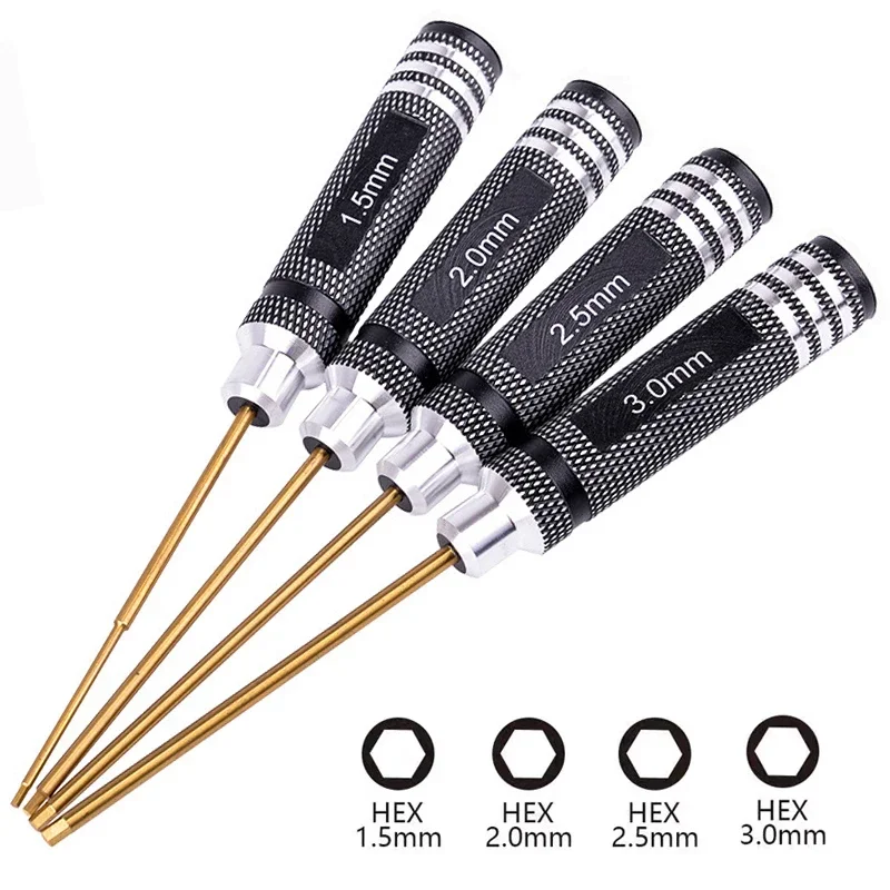 

4Pcs/Set 1.5mm 2.0mm 2.5mm 3.0mm Hex Screwdriver Set HSS Titanium Plating Screwdriver For RC Model Aircraft Model Repair Tools