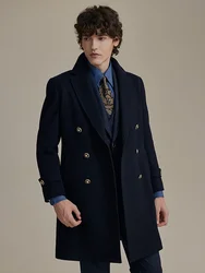 100% Wool Men Long Jackets Winter Casual Warm Korea Fashion Style Thick Woolen Man Clothing Deep Blue Double Breasted Coats 56