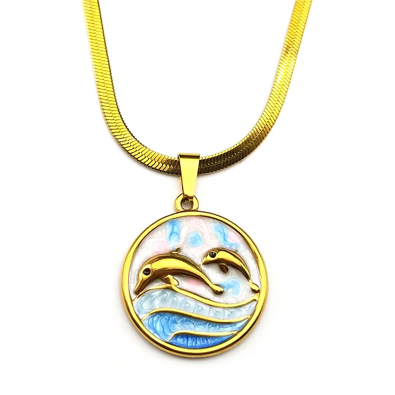 دولفين الأم والطفل المينا قلادة قلادة للنساء الفولاذ المقاوم للصدأ الذهب اللون خمر موجات المختنق سلسلة مجوهرات الأسرة