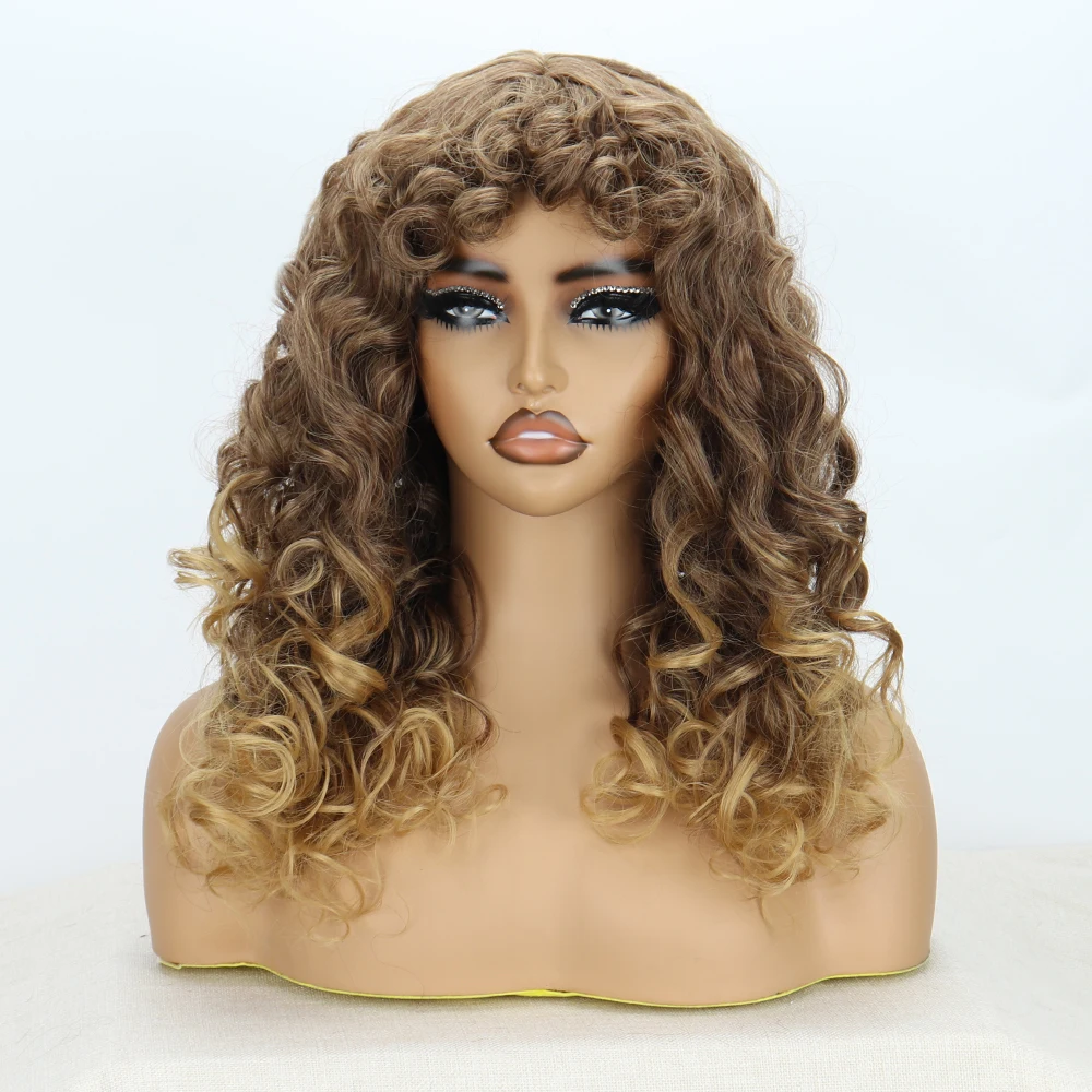 Short Curly Gold  Gradient Synthetic Afro Wig With Curly  Bangs Natural Wig Heat Resistant Fiber Cosplay Woman