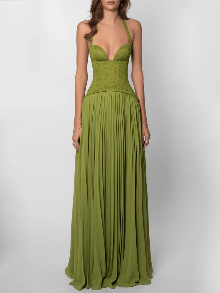 

Зеленое сексуальное макси-платье с бретельками 2026: Женское плиссированное вечернее платье для вечеринок и праздников, элегантное летнее платье без рукавов с завязками, А-силуэт