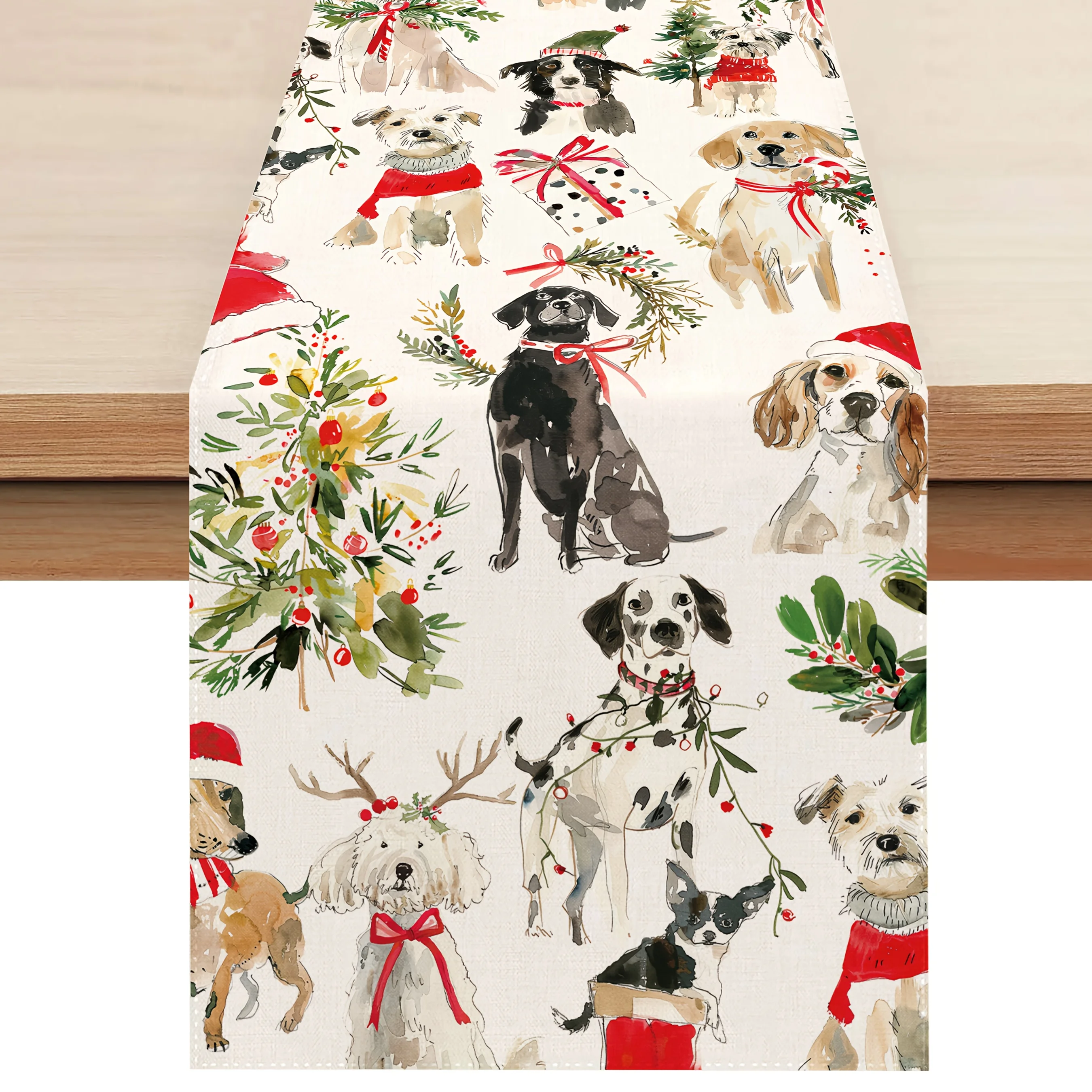 1Pc Christmas Dog Pattern Table Runner White Festive Puppy With Santa Hat And Wreath Print Table Cover For Dining Table Kitchen