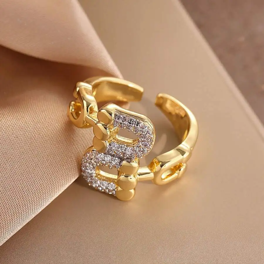 

Gold Plated Copper Open Ring With Rhinestone Inlay Horseshoe Buckle Design Trendy Fashion Jewelry For Women