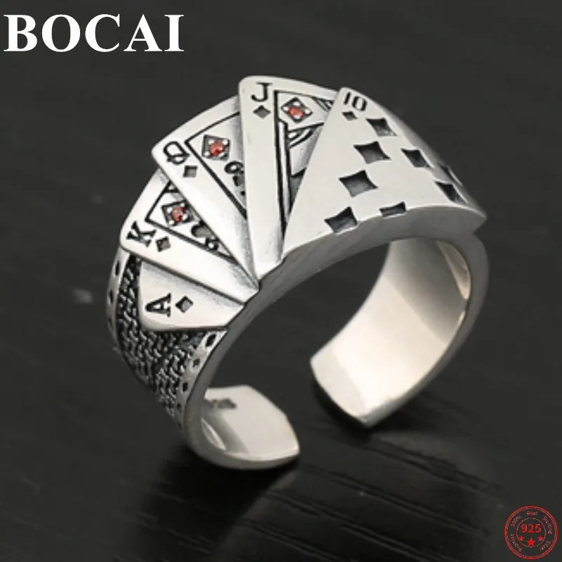 

BOCAI S925 Sterling Silver Rings for Men Women Homo Flush Playing Card Couples Personality Opening Pure Argentum Hand Jewelry