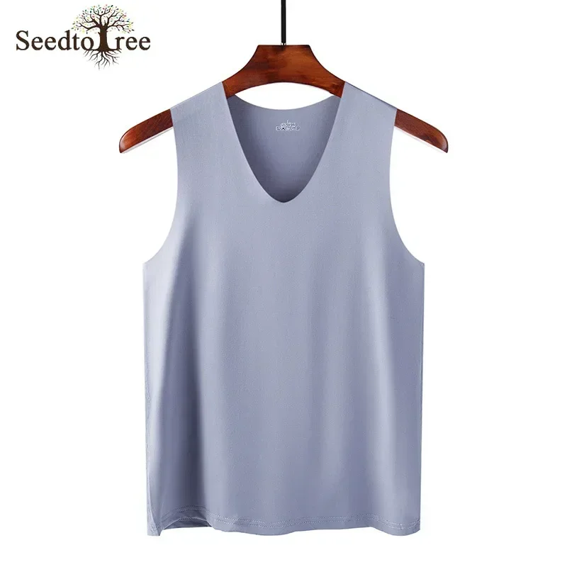 Summer Men's Tank Tops Solid Color Casual V-neck Sleeveless Seamless Ice Silk Vest