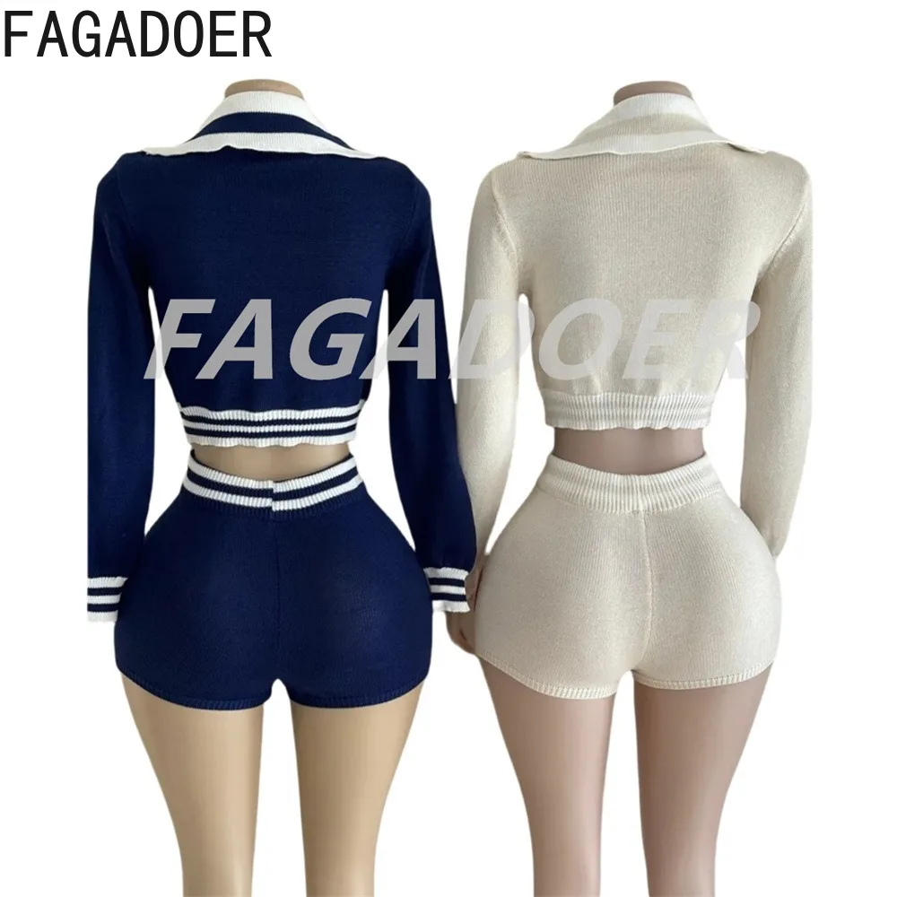 FAGADOER Knit 2 Piece Sets Women Outfit Preppy Style Lapel Stripe Patchwork Sweater and Shorts Quality Stretchy Set Autumn New